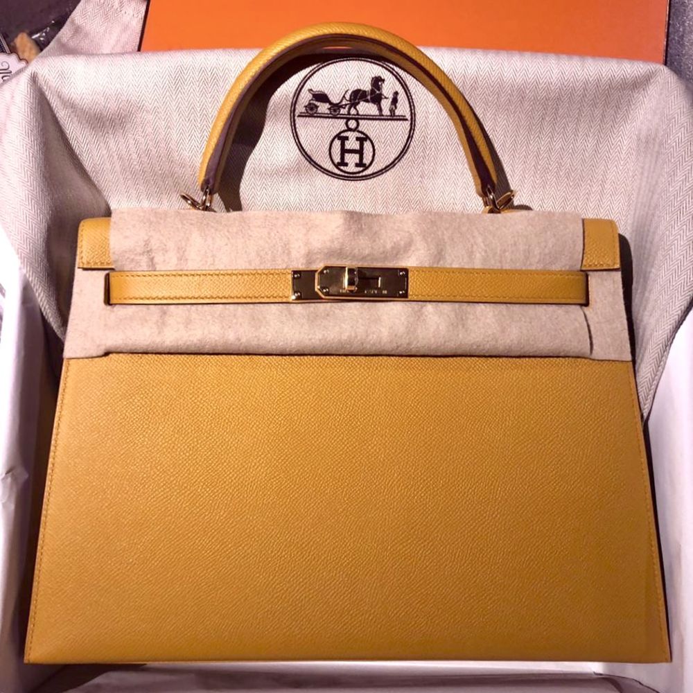 Hermès Kelly 32 Jaune Ambre Sellier Epsom Gold Hardware GHW