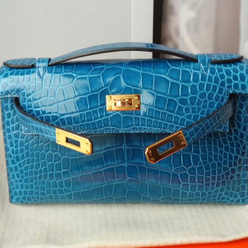 Hermès Kelly Pochette Mykonos Alligator Mississippi Lisse Gold Hardware GHW