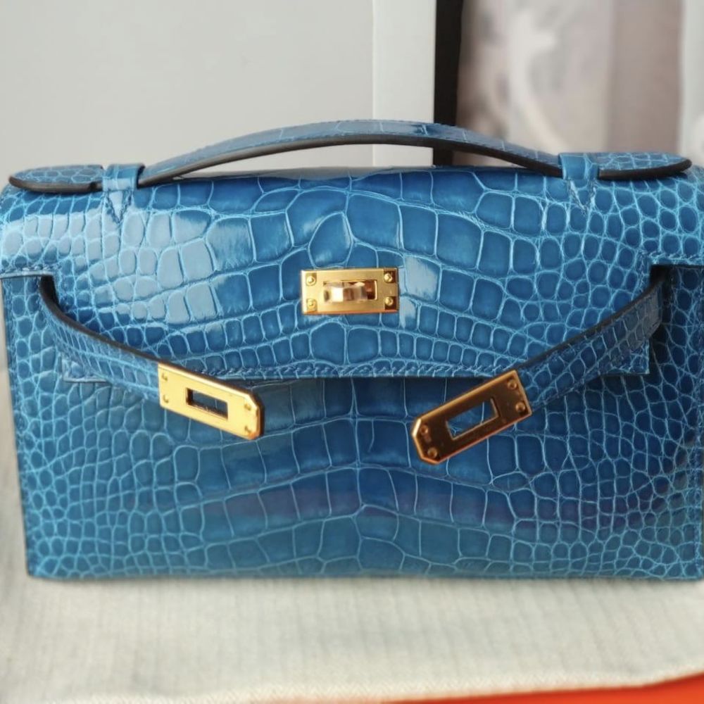 Hermes Mini Kelly 22 Pochette Bag Blue Electric Shiny Nile Croc PHW