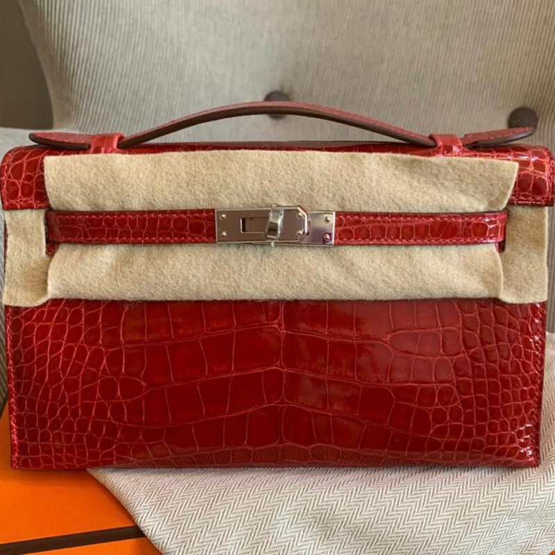 Hermès Kelly Pochette Braise Alligator Mississippi Lisse Palladium Hardware PHW