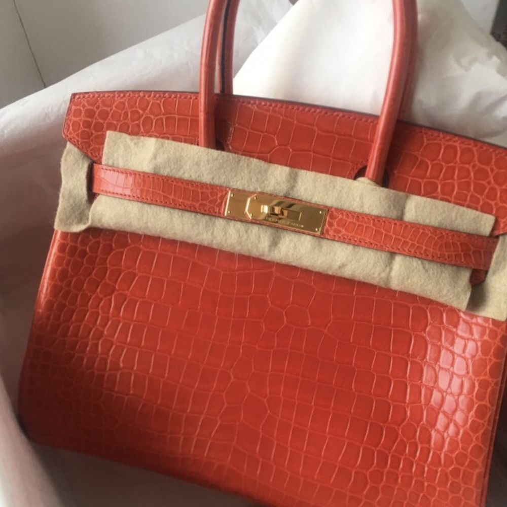 Hermès Birkin 30 Orange Poppy Crocodile Porosus Lisse Gold Hardware GHW