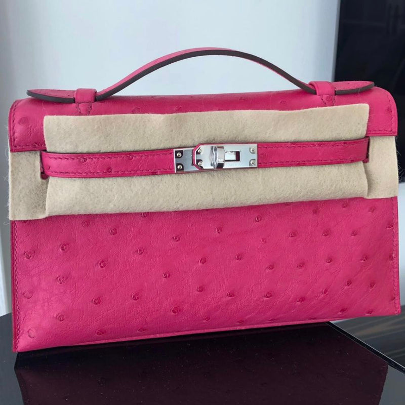 Hermès Kelly Pochette Rose Tyrien Ostrich Palladium Hardware PHW
