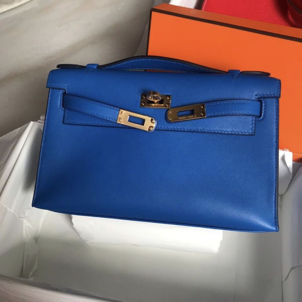 Hermès Kelly Pochette Bleu Zellige Swift Gold Hardware GHW