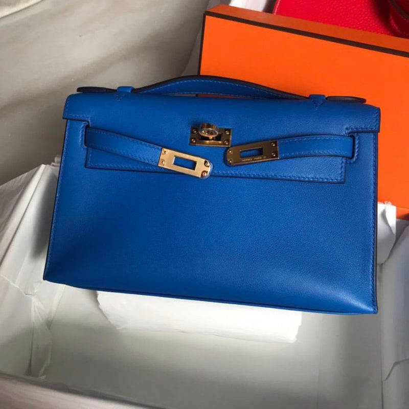 Hermès Kelly Pochette Bleu Zellige Swift Gold Hardware GHW