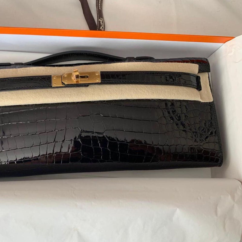 Hermès Kelly Cut Noir (Black) Crocodile Porosus Lisse Gold Hardware GHW