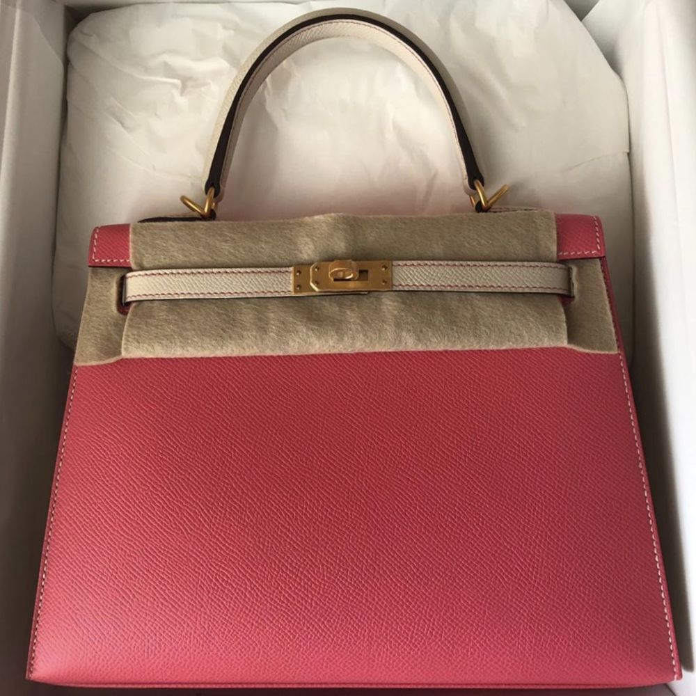 Hermès Kelly HSS 25 Rose Azalee/Craie Sellier Epsom Brushed Gold Hardware BGHW
