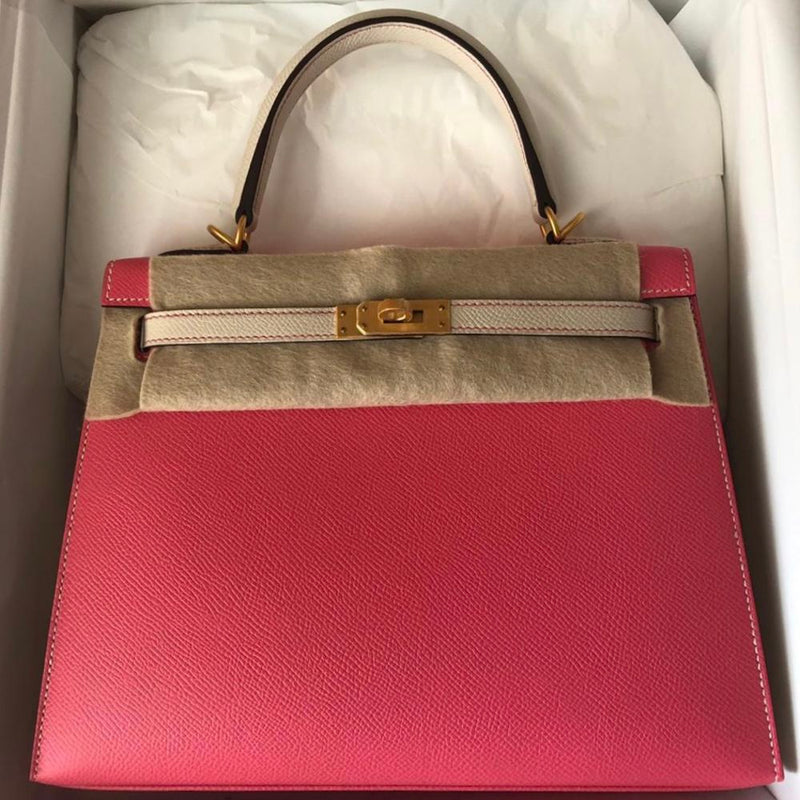 Hermès Kelly HSS 25 Rose Azalee/Craie Sellier Epsom Brushed Gold Hardware BGHW