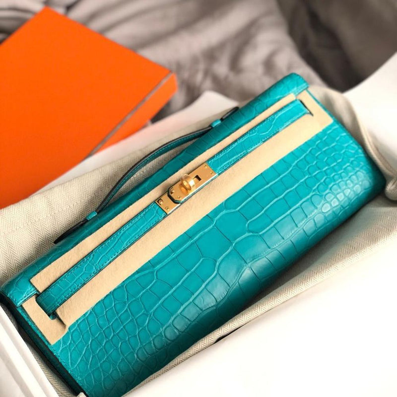 Hermès Kelly Cut Bleu Paon Alligator Mississippi Matte Gold Hardware GHW