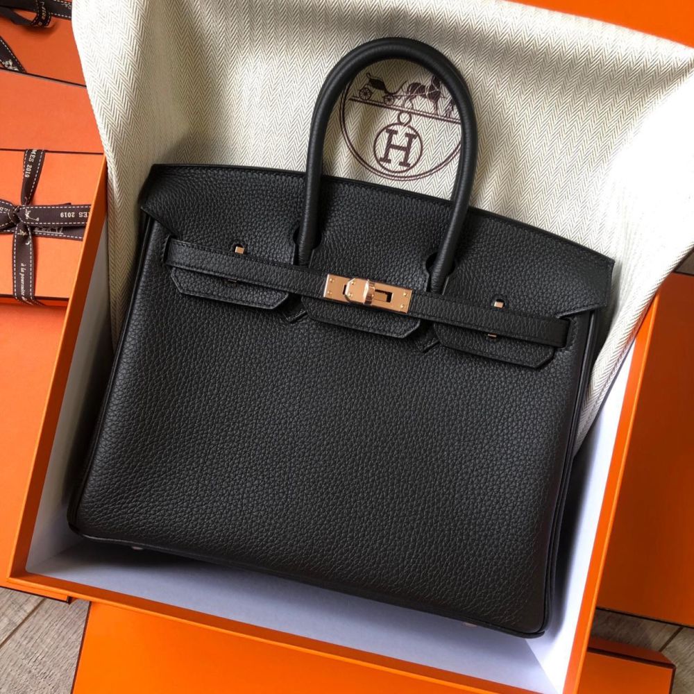 Hermès Birkin 25 Noir (Black) Togo Rose Gold Hardware RGHW