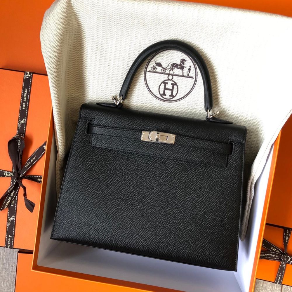 Hermès Kelly 25 Noir (Black) Sellier Epsom Palladium Hardware PHW