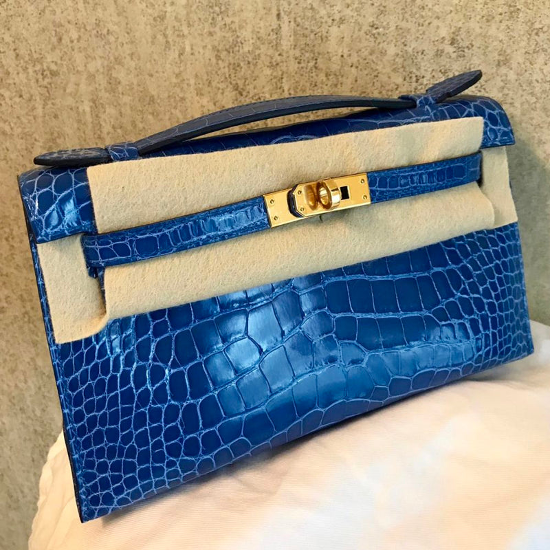 Hermès Kelly Pochette Bleu Zellige Alligator Mississippi Lisse Gold Hardware GHW