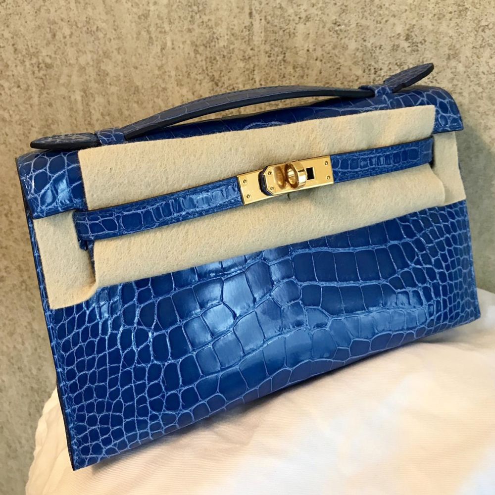 Hermès Kelly Pochette Bleu Zellige Alligator Mississippi Lisse Gold Hardware GHW
