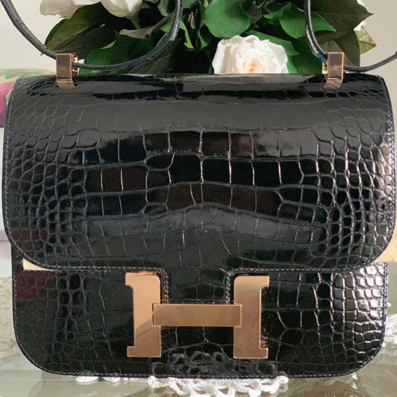 Hermès Constance 24 Noir (Black) Alligator Mississippi Lisse Rose Gold Hardware RGHW
