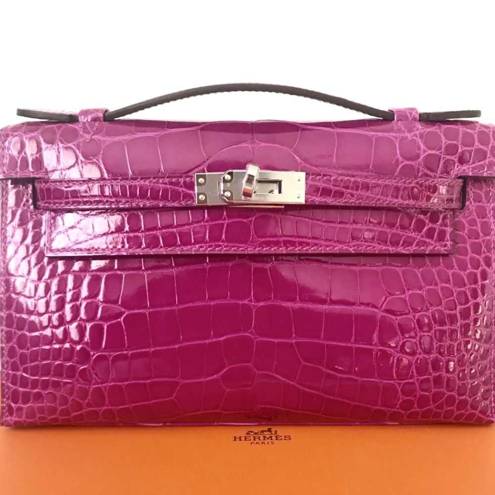 Hermès Kelly Pochette Rose Sheherazade Alligator Mississippi Lisse Palladium Hardware PHW