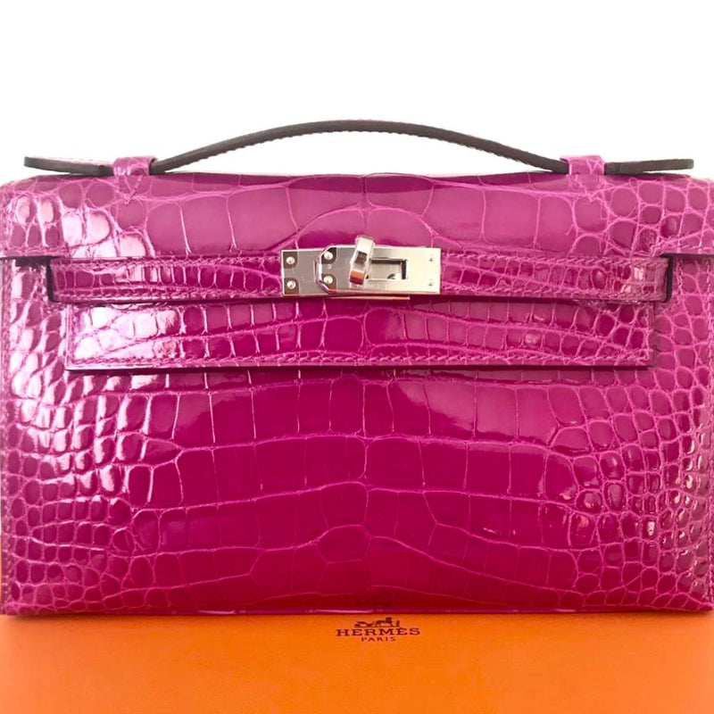 Hermès Kelly Pochette Rose Sheherazade Alligator Mississippi Lisse Palladium Hardware PHW