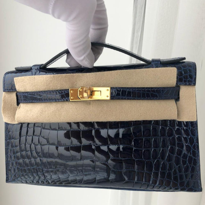 Hermès Kelly Pochette Bleu Saphir Alligator Mississippi Lisse Gold Hardware GHW