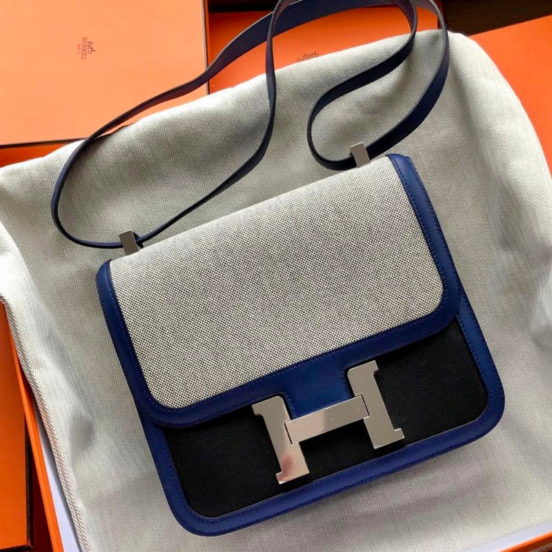 Hermès Constance 24 Noir (Black)/Bleu Saphir Berline Veau Swift Toile Palladium Hardware PHW