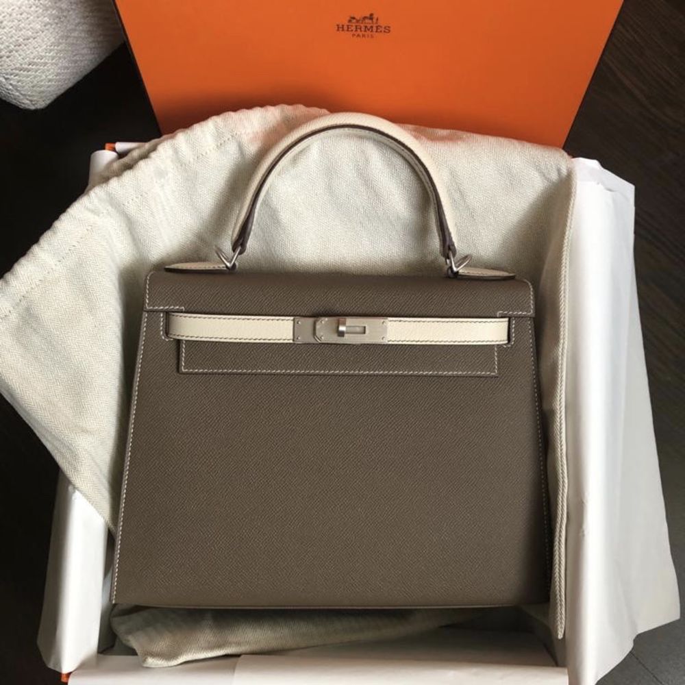 HERMÈS, HORSESHOE STAMP (HSS) BICOLOR CRAIE AND GRIS MOUETTE SELLIER KELLY  28CM IN EPSOM LEATHER WITH BRUSHED PALLADIUM HARDWARE, Handbags &  Accessories, 2020