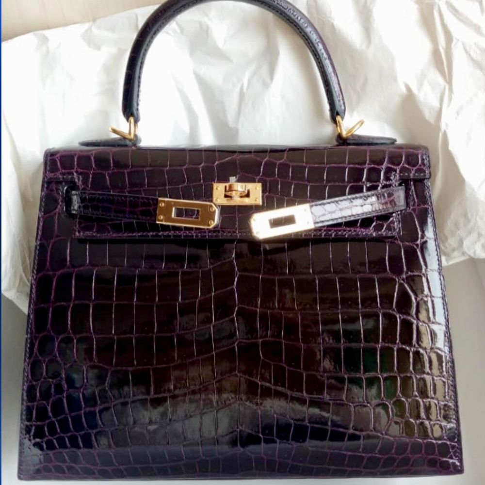 Hermès Kelly 25 Aubergine Sellier Crocodile Niloticus Lisse Gold Hardware GHW