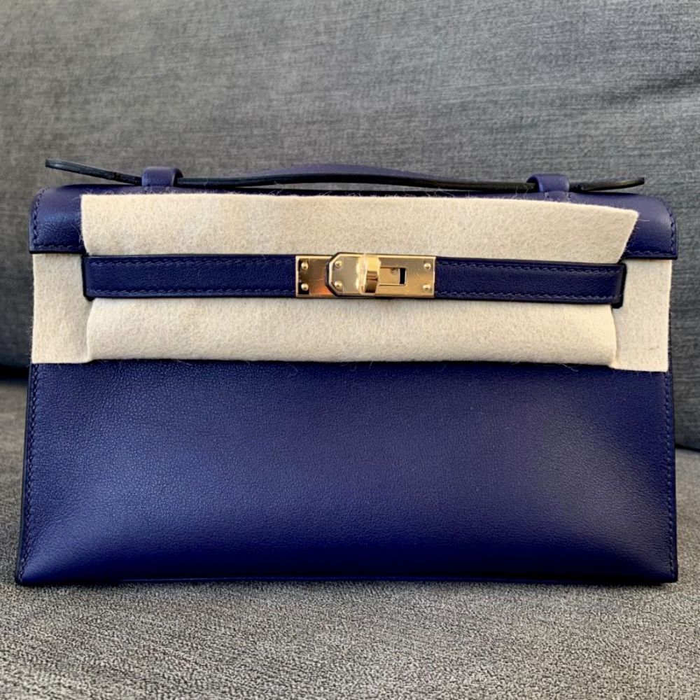 Hermès Kelly Pochette Bleu Encre Swift Gold Hardware GHW