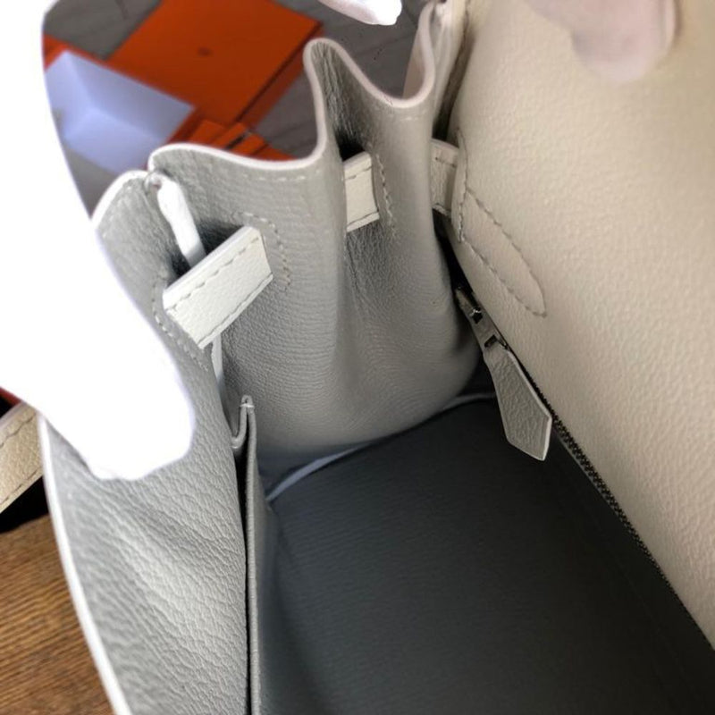 Hermès Kelly HSS 28 Blanc (White)/Gris Tourterelle Evercolor Brushed Palladium Hardware BPHW