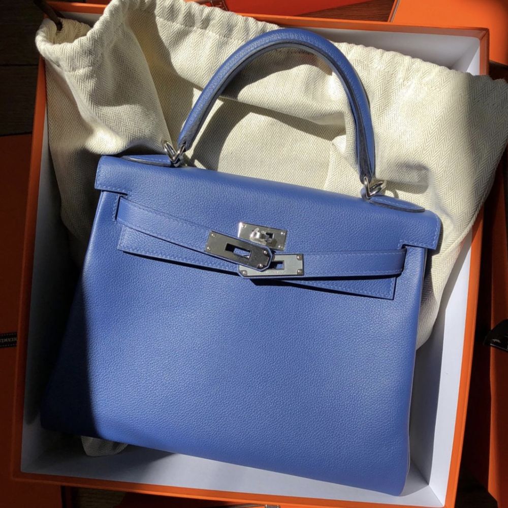 Hermès Kelly Limited Edition 28 Bleu Brighton/Capucine Verso Evercolor Palladium Hardware PHW