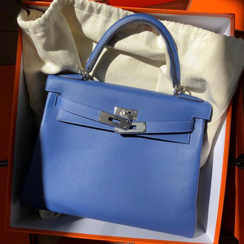 Hermès Kelly Limited Edition 28 Bleu Brighton/Capucine Verso Evercolor Palladium Hardware PHW