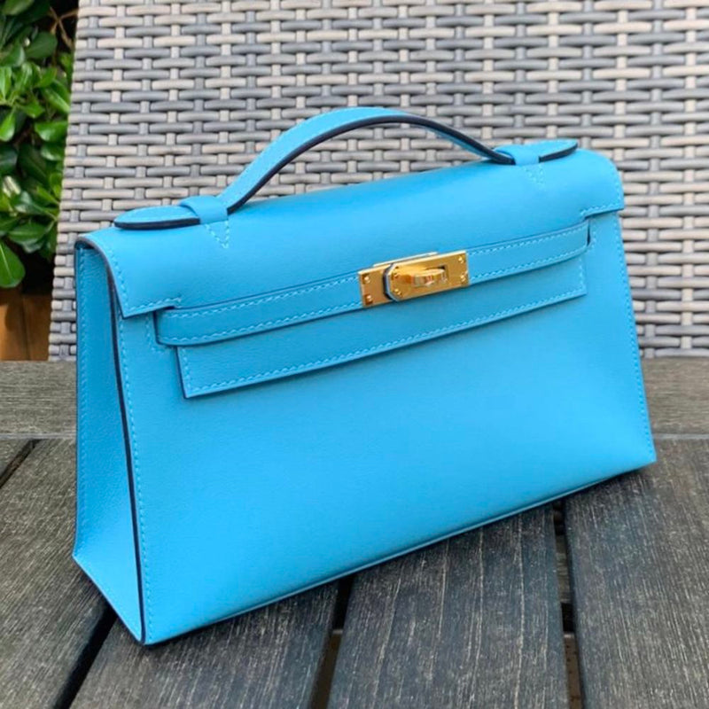 Hermès Kelly Pochette Bleu du Nord Swift Gold Hardware GHW