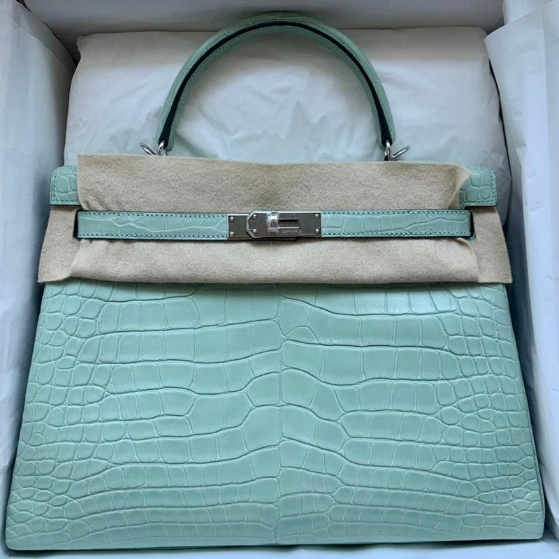 Hermès Kelly 32 Vert d'Eau Alligator Mississippi Matte Palladium Hardware PHW