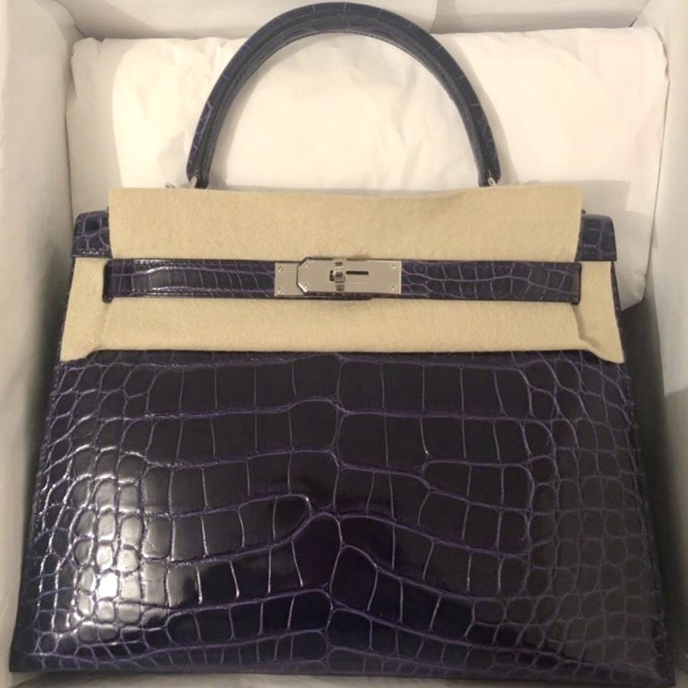Hermès Kelly 28 Bleu Encre Sellier Alligator Mississippi Lisse Palladium Hardware PHW