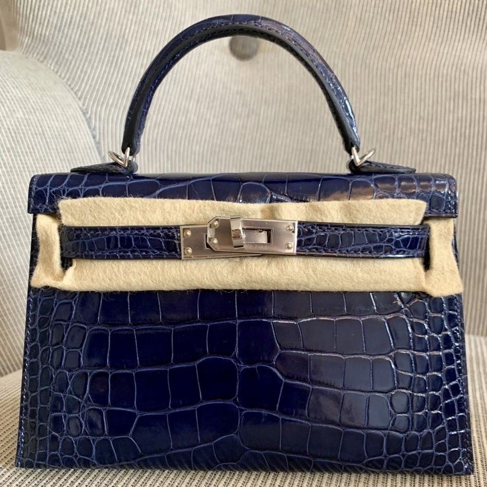 Hermes Blue Saphir Sapphire Crocodile Gold Birkin 25 Handbag Kelly