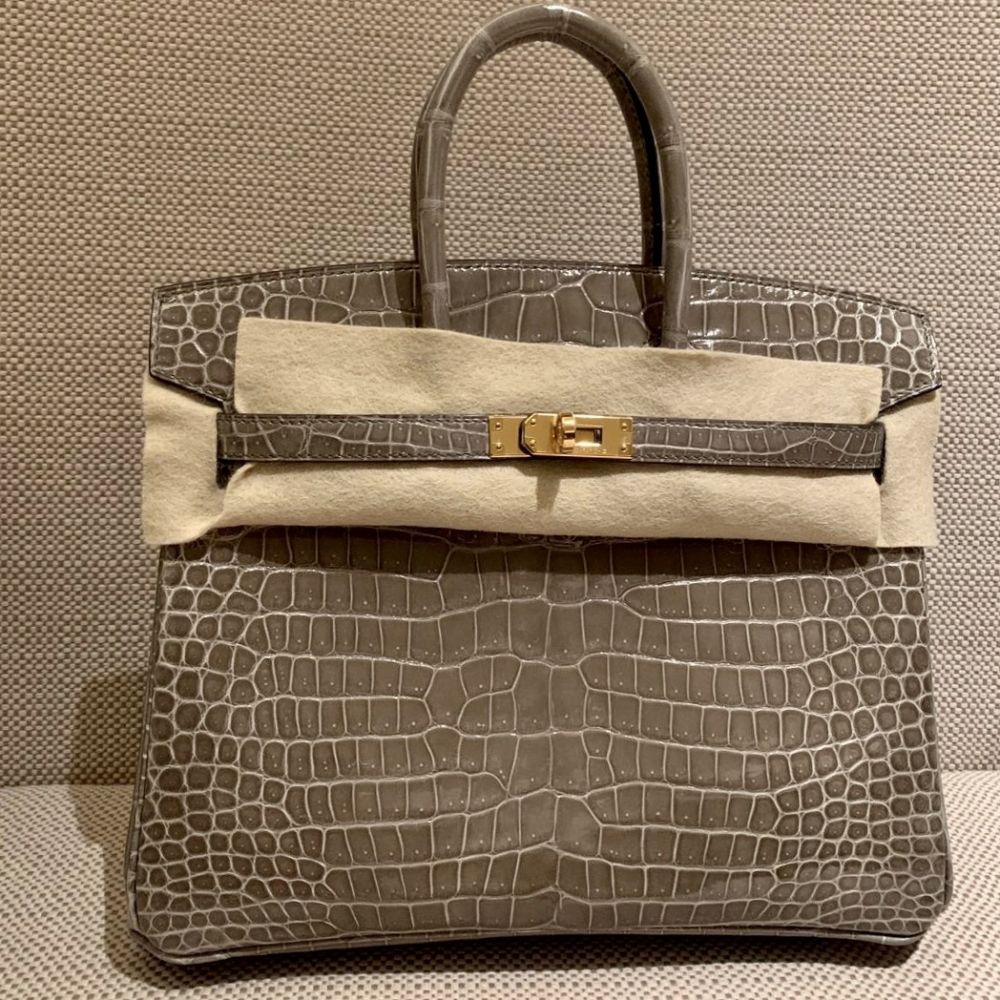 Hermès Birkin HSS 25 Gris Tourterelle/Gris Perle Crocodile Porosus Lisse Gold Hardware GHW