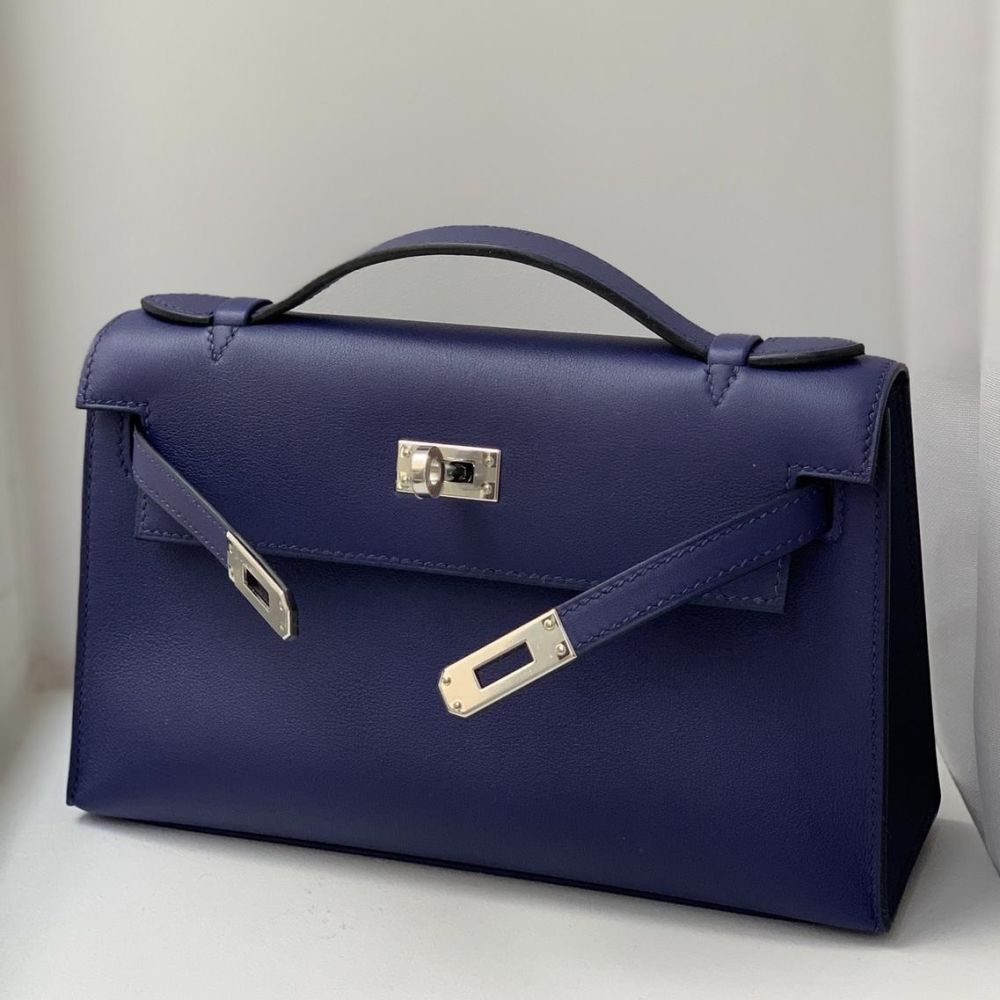 Hermès Kelly Pochette Bleu Encre Swift Palladium Hardware PHW