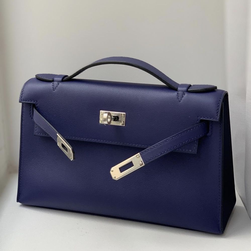 HERMES Kelly Pochette Bag Clutch Bleu de Prusse Palladium Hardware