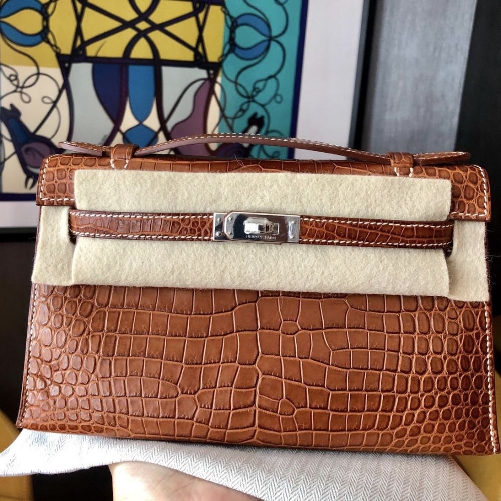 Hermès Kelly Pochette Fauve Crocodile Porosus Matte Palladium Hardware PHW