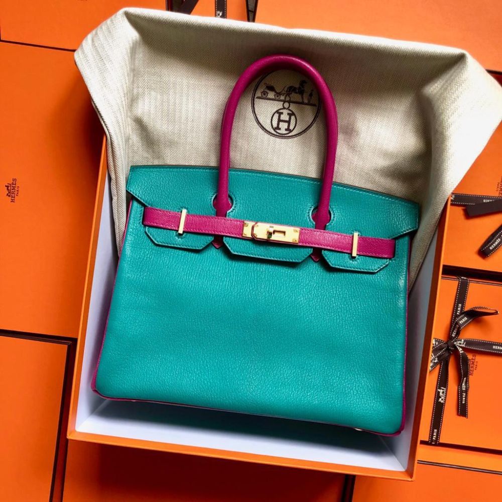 Hermès Birkin HSS 30 Bleu Paon/Rose Pourpre Chevre Mysore Gold Hardware GHW