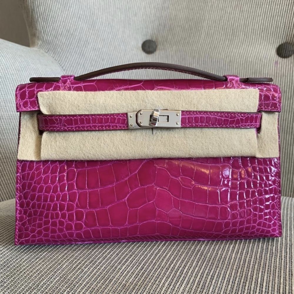 Hermès Kelly Pochette Rose Sheherazade Alligator Mississippi Lisse Palladium Hardware PHW