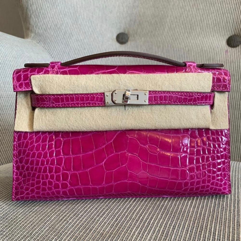 Hermès Kelly Pochette Rose Sheherazade Alligator Mississippi Lisse Palladium Hardware PHW