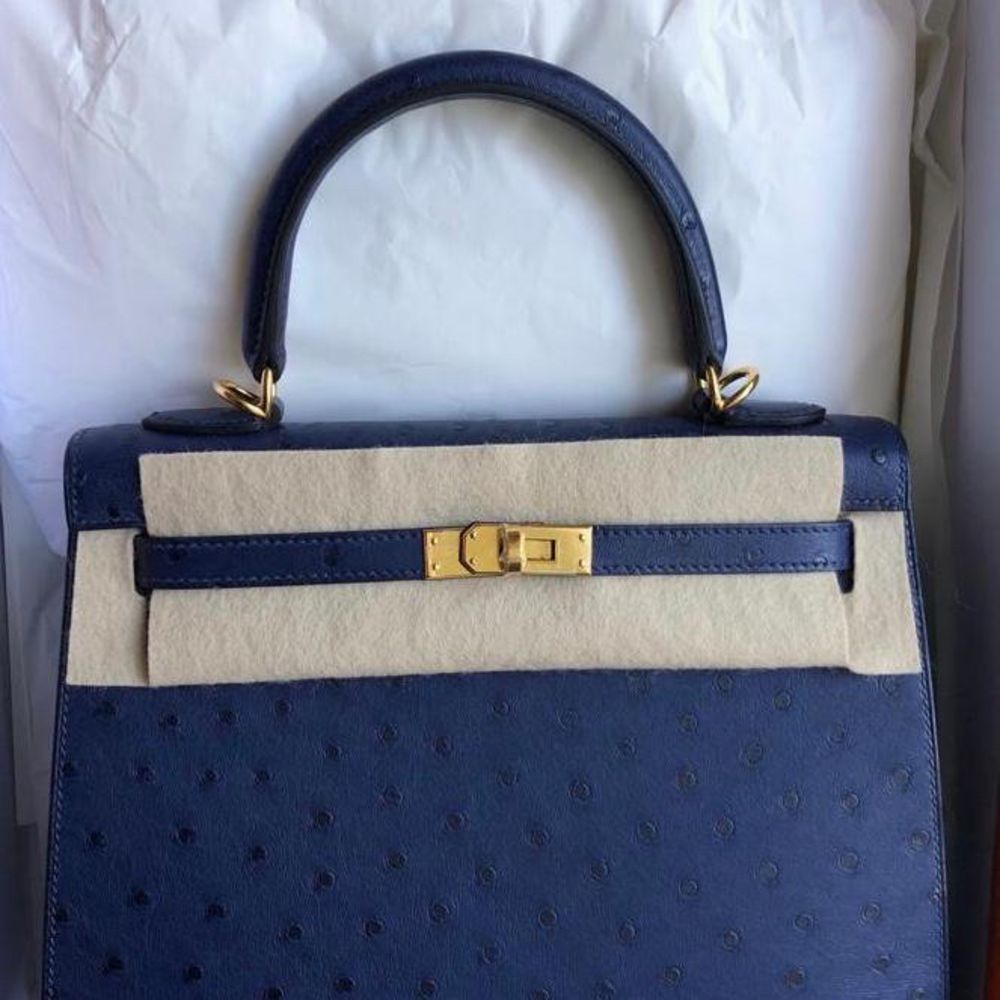 Hermes 35cm Blue Saphir Ostrich Birkin Bag with Gold Hardware