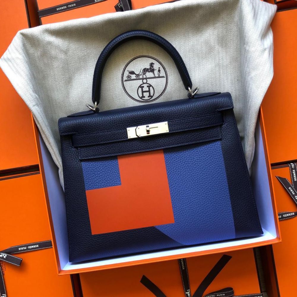 Hermes Kelly Handbag Bleu Nuit Togo with Palladium Hardware 28 Blue