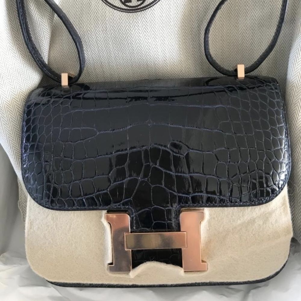 Hermès Constance 18 Bleu Marine Alligator Mississippi Lisse Rose Gold Hardware RGHW