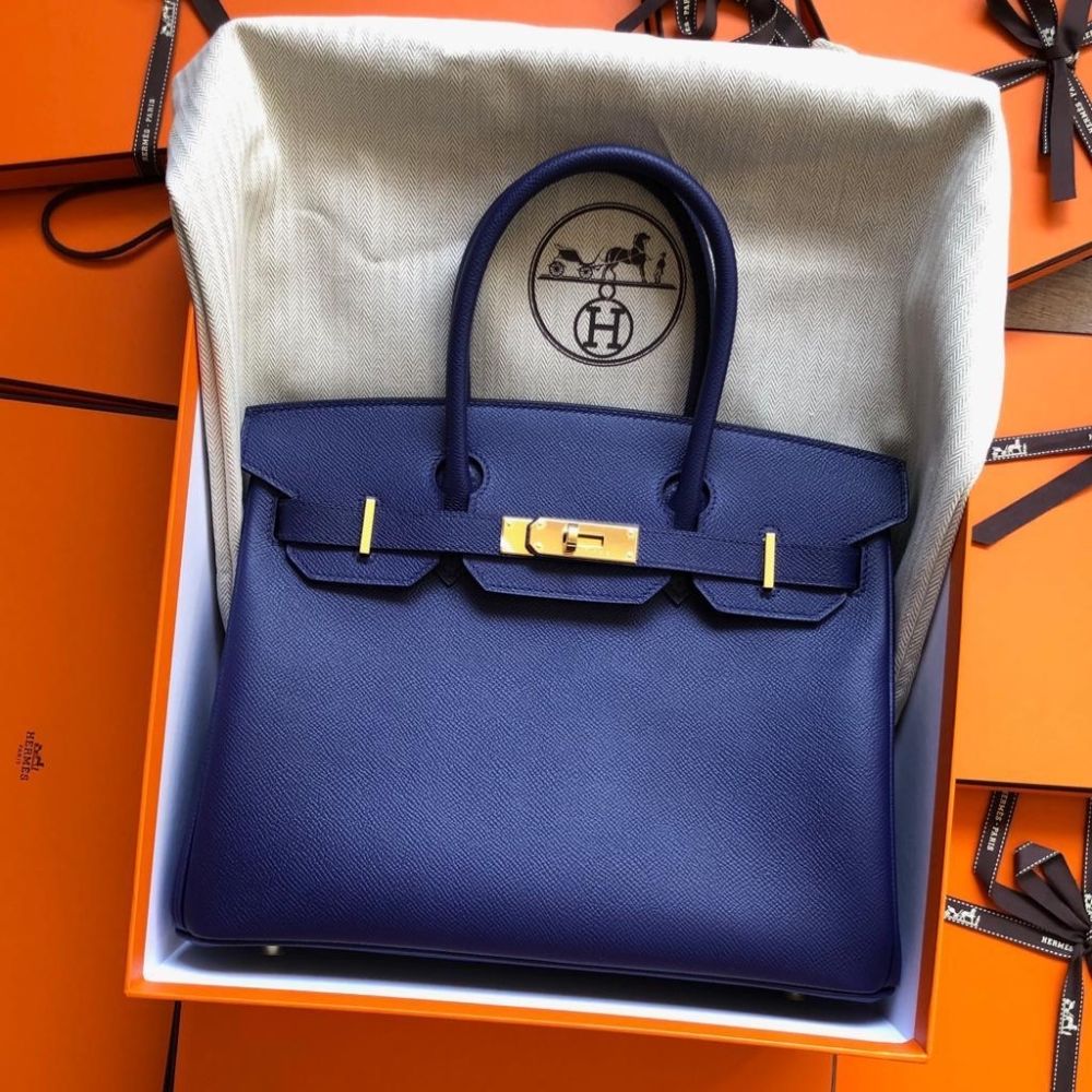 Hermes Birkin Handbag Bleu Encre Clemence with Gold Hardware 30 Blue