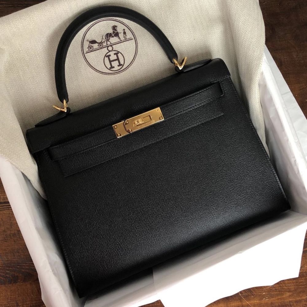 Hermès Kelly 28 Noir (Black) Sellier Epsom Gold Hardware GHW