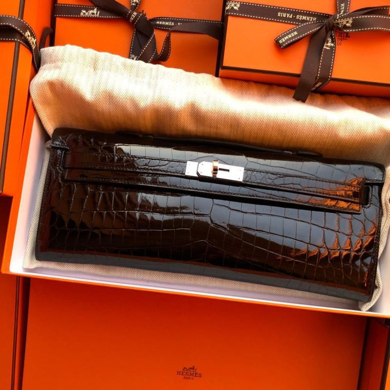 Hermès Kelly Cut Noir (Black) Alligator Mississippi Lisse Palladium Hardware PHW