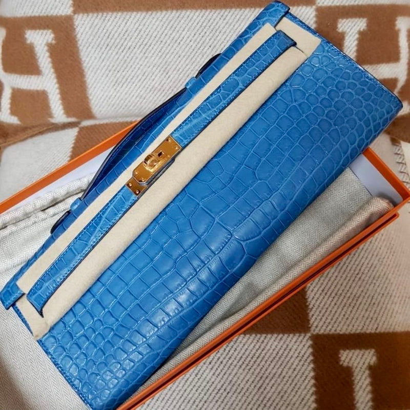Hermès Kelly Cut Mykonos Crocodile Porosus Matte Gold Hardware GHW
