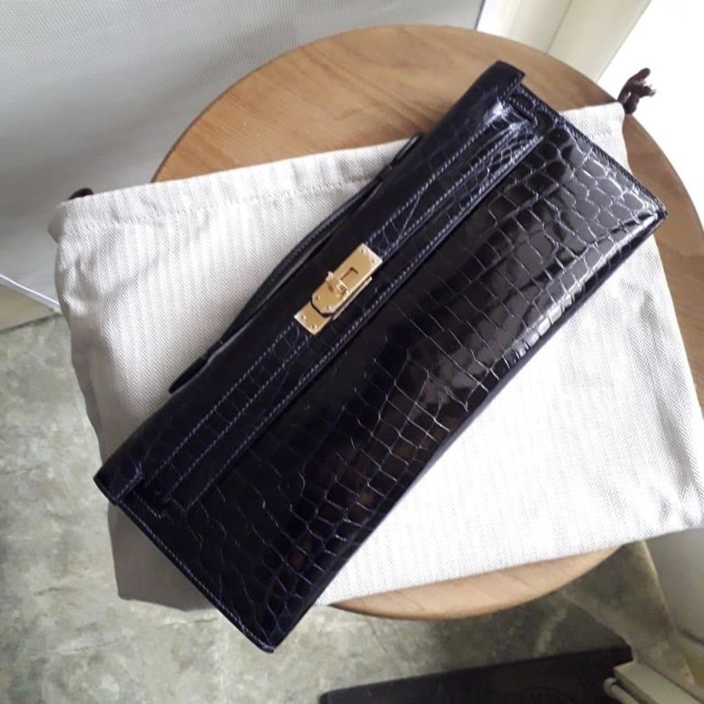 Hermès Kelly Cut Bleu Marine Crocodile Niloticus Lisse Gold Hardware GHW