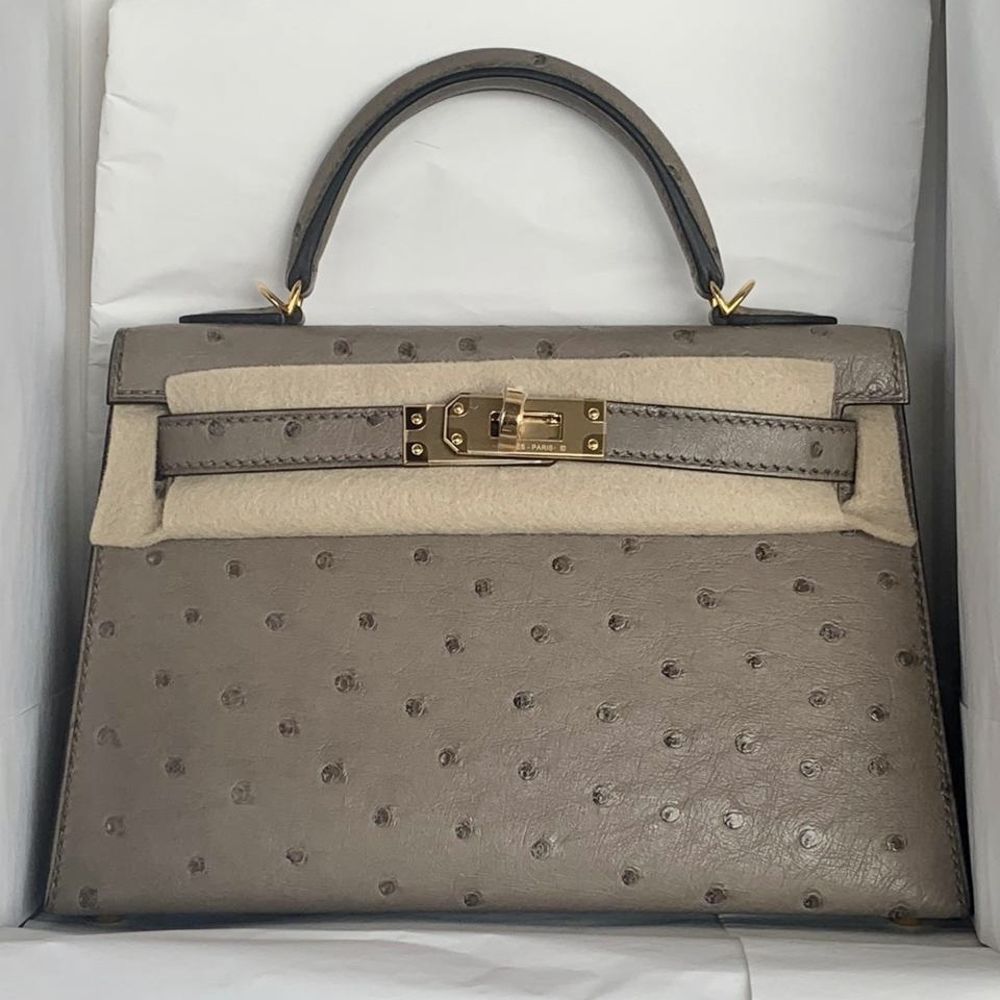Hermes KELLY 20 bag Vintage Gray Ostrich Mini gold hardware mint –  Mightychic