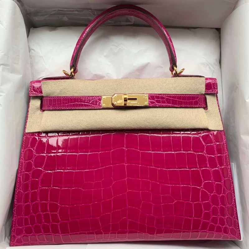 Hermès Kelly 28 Rose Sheherazade Sellier Crocodile Niloticus Lisse Gold Hardware GHW