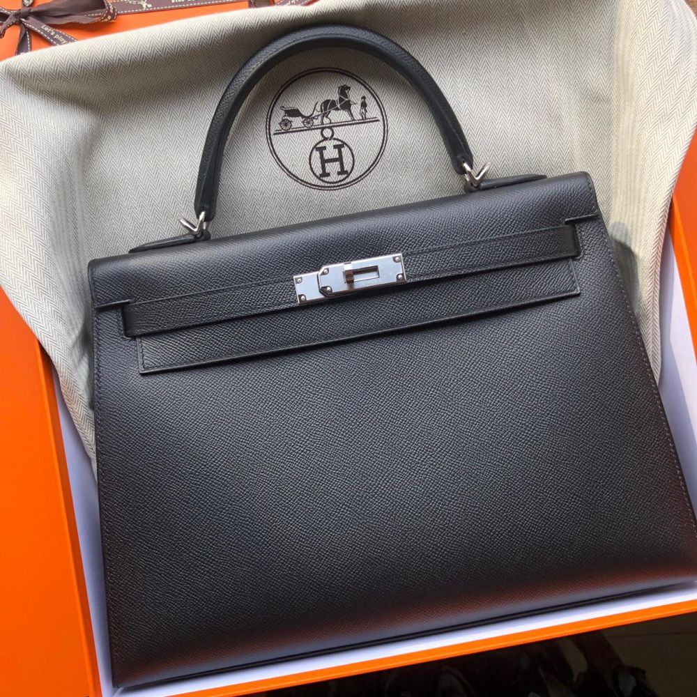 Hermès Kelly 32 Noir (Black) Sellier Epsom Palladium Hardware PHW