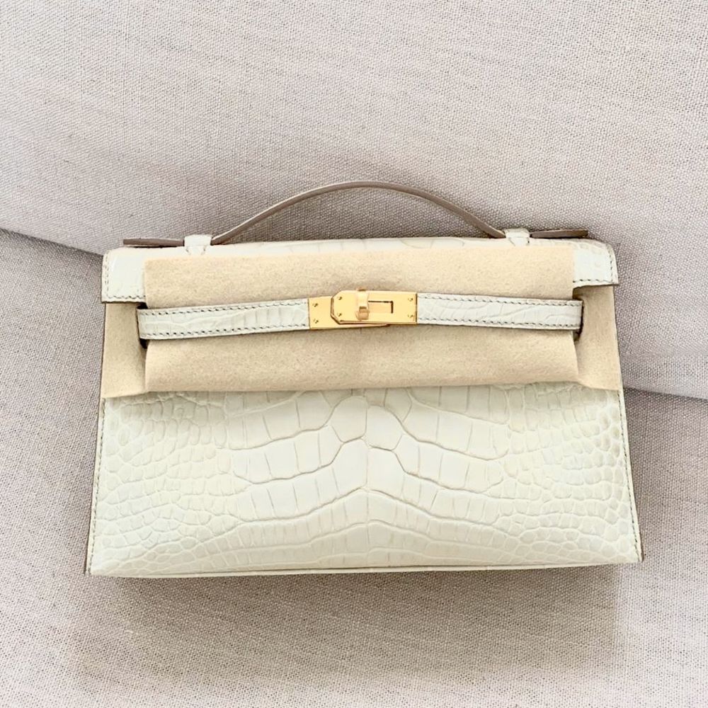 Hermès Kelly Pochette Beton Alligator Mississippi Matte Gold Hardware GHW